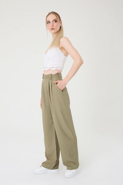 Hazel Women's Khaki Linen Buttoned High Waist Palazzo Pants