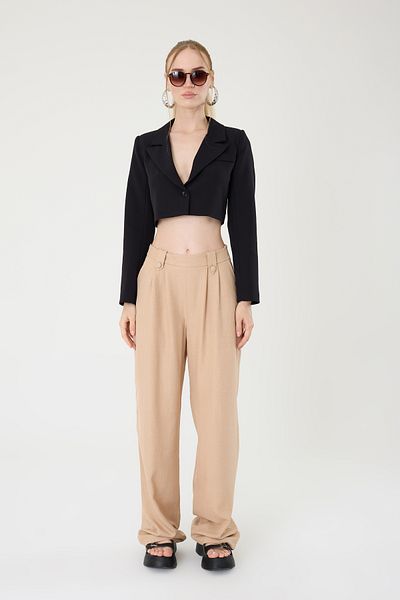 Hazel Women's Mink Linen Buttoned High Waist Palazzo Trousers