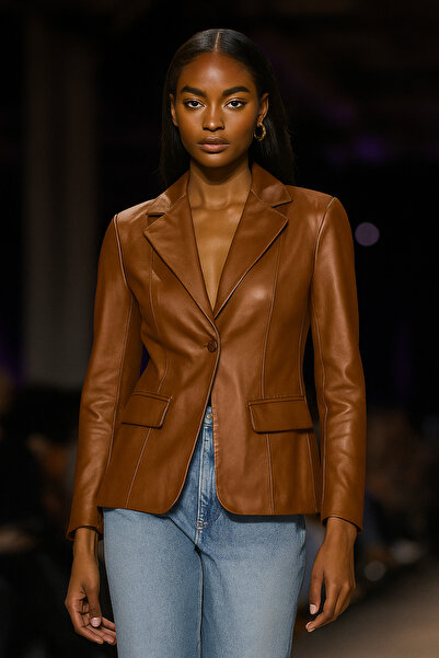 Basics&More سترة نسائية من الجلد الكستنائي بزر واحد B2020