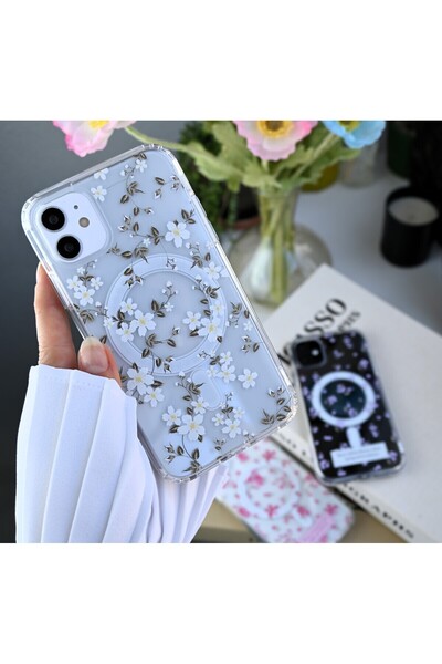 Go Aksesuar Iphone 11 Uyumlu Simli Çiçekli Gerçek MAGSAFE Özellikli Darbe Önl...
