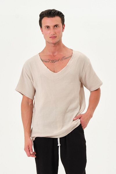 RELAXL Μπεζ χρώμα Oversize Μπλουζάκι με φαρδύ λαιμό V με ραφές - 100% βαμβάκι