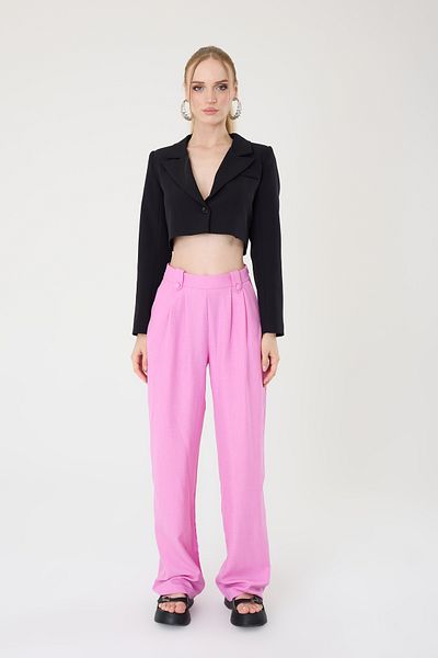 Hazel High Waist Linen Palazzo Trousers - Pink, Buttoned