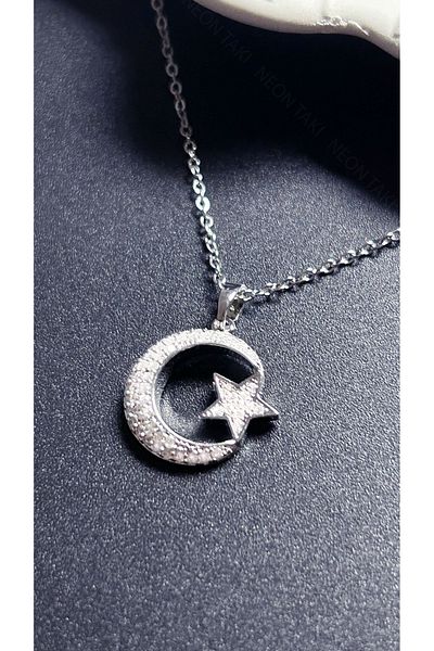 Neon Takı by Atalay Sensitivity Tag and Zircon Stone, Moon Star, Stainless Steel Necklace 402, Silver Color