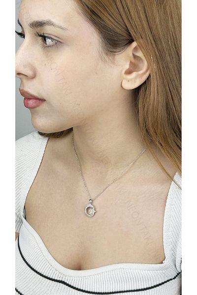 Neon Takı by Atalay Sensitivity Tag and Zircon Stone, Moon Star, Stainless Steel Necklace 402, Silver Color