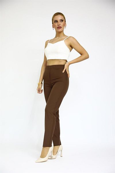 ÖNDER ÖZSOY Bitter Brown Colored Elastic Waist Zippered Pipe Leg Trousers