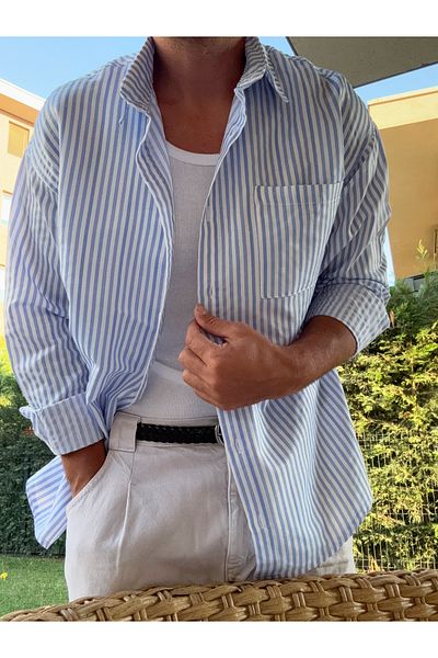 King Brothers Men's Blue Striped Long Sleeve Cotton Shirt - Pocketed