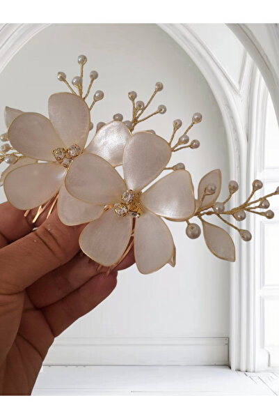 Mirnova Çiçek Model Beyaz incili Tarak Toka - Gelin Tokası - Saç Aksesuarı