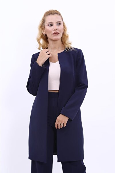 ÖNDER ÖZSOY Sıfır Yaka Düz Uzun Ceket-Lacivert