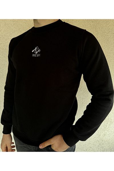Mesh Men's Black Cotton Winter Crew Neck Premium Sweatshirt Embroidered Soft Relaxed Fit