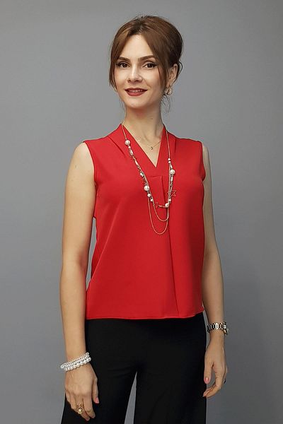 ÖNDER ÖZSOY V-Neck Shoulder Pleated Sleeveless Blouse-Red