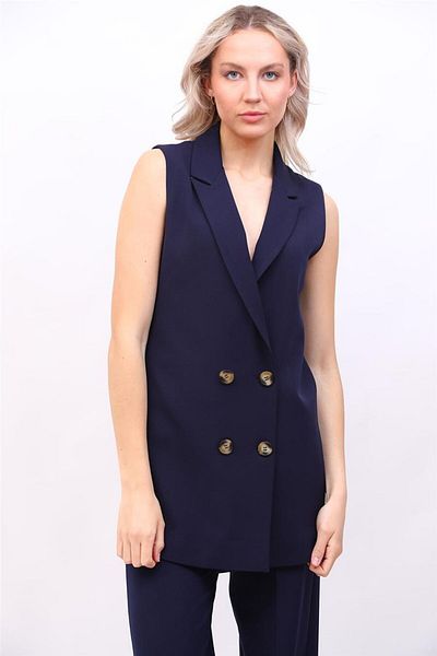 ÖNDER ÖZSOY Midi Length Classic Vest & Wide Leg Trousers-Navy Blue
