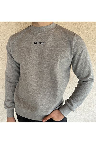 Mesh Мъжки суитшърт с пухено деколте в сив цвят - бродиран и мек