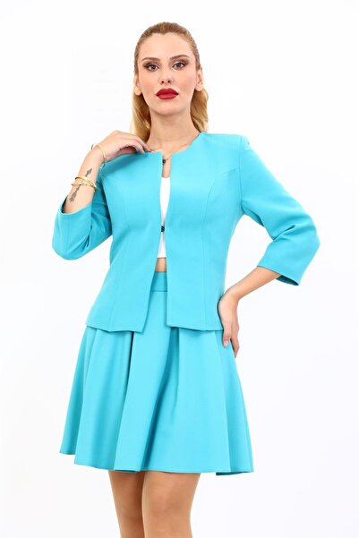 ÖNDER ÖZSOY Sıfır Yaka Düz Kısa Ceket-Turkuaz