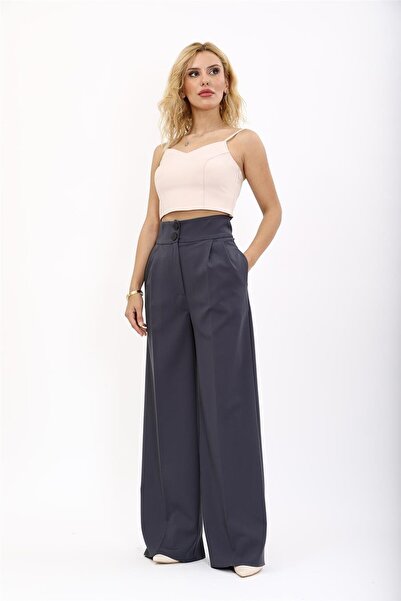ÖNDER ÖZSOY Yüksek Bel Pileli Bol Paça Pantolon-Füme