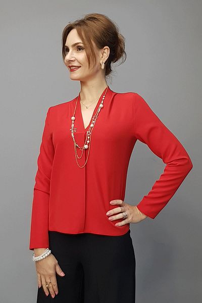 ÖNDER ÖZSOY Long Sleeve V-Neck Pleated Shoulder Blouse - Red