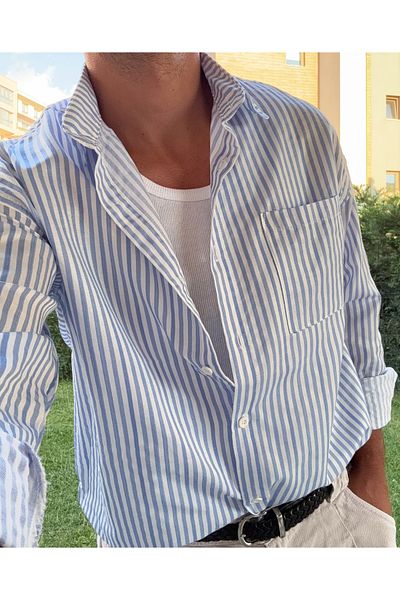 King Brothers Men's Blue Striped Long Sleeve Cotton Shirt - Pocketed