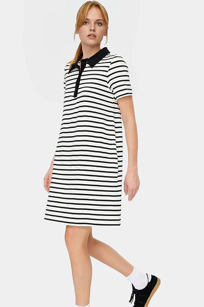 PayBuy Striped Viscose Blend Polo Neck Short Sleeve A-Line Dress Custom Design Zarifane