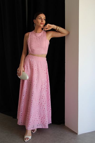 Julidress Pink Brode Fabric Lace Detailed Crop Blouse and Maxi Long Skirt Bottom Top Premium Set