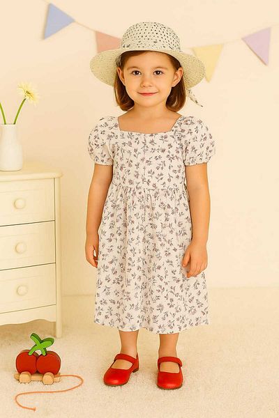 Tosyalı Burak Bebe Children's Hat Muslin Dress with Flower Print