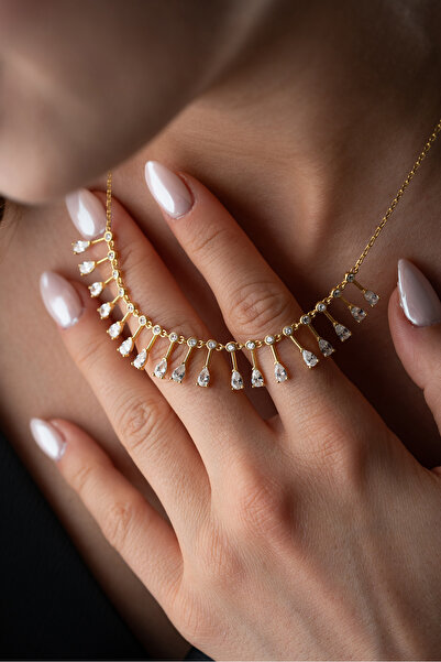 Silvano Jewelry 925 Ayar Gümüş Damla Taşlı Sıralı Zincir Kolye
