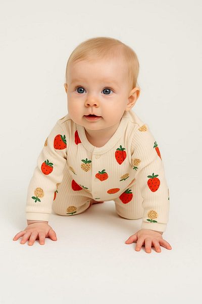 dinamik çocuk Strawberry Printed Stretchy Cotton Newborn Baby Romper - 1-3-6 Months