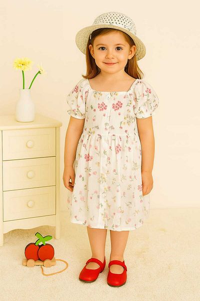 Tosyalı Burak Bebe Children's Hat Muslin Dress with Flower Print