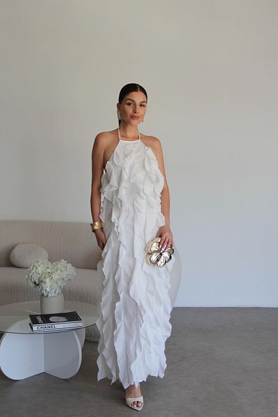 Julidress Λευκό φόρεμα με βολάν με επένδυση Maxi Long Length Premium