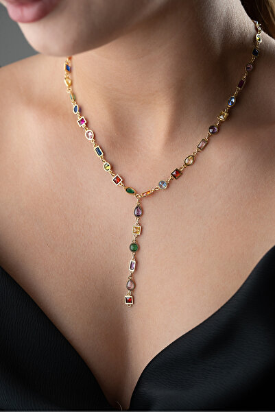 Silvano Jewelry 925 Ayar Gümüş Renkli Taşlı Y Zincir Kolye