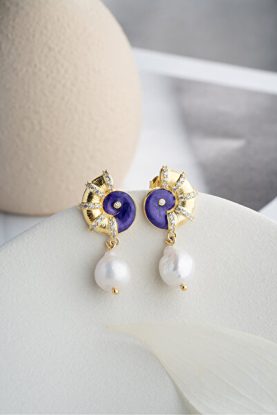 Silvano Jewelry 925 Ayar Gümüş Mor Mineli Salyangoz İncili Küpe