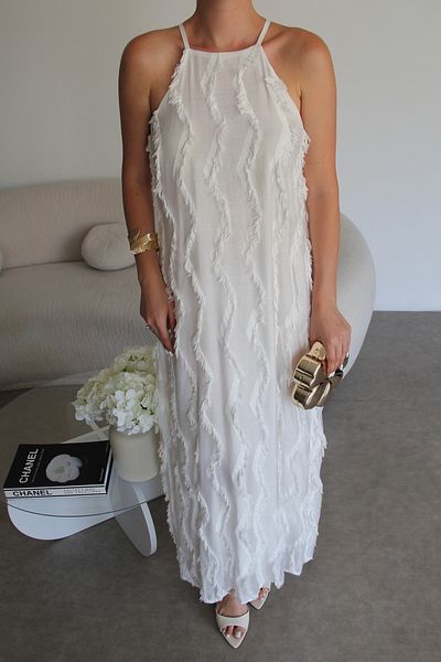 Julidress Λευκό βολάν με λεπτομέρεια με λαιμόκοψη και λουράκι με επένδυση Maxi Size Premium λινό φόρεμα