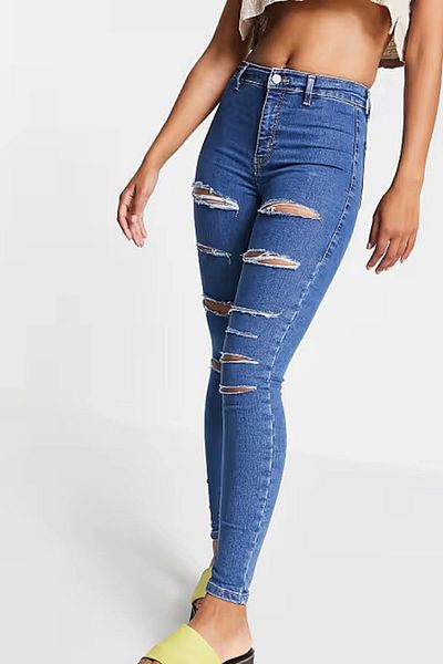 Harmony Pantaloni skinny cu talie înaltă, albastru rupt, din lycra, fără buzunare