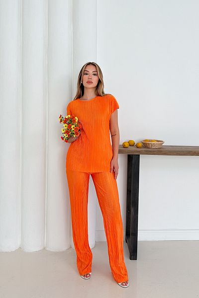 MODAMİNEM Women's Orange Pleated Casual Blouse Pocket Detailed Trousers Set