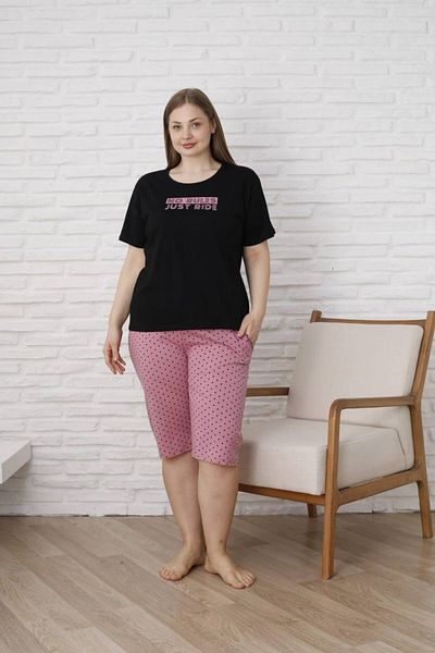 dealp Women's Black Large Size 100% Cotton Summer Short Sleeve Pocket Capri Bermuda Pajama Set