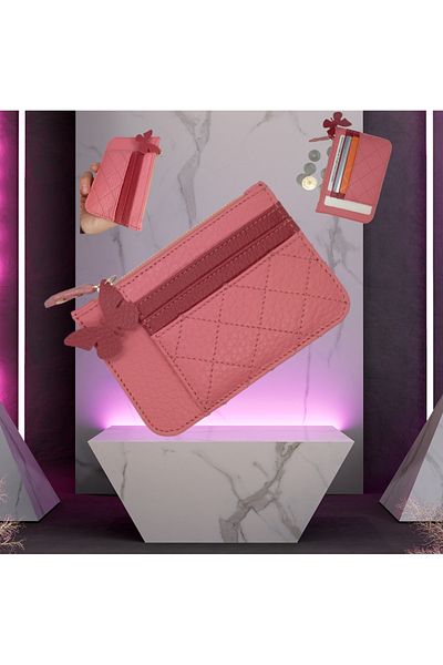 OEM Women's wallet made of leather, salmon pink-red, handcrafted with 6 slots and coin pocket