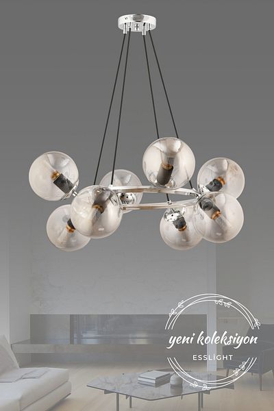 ESSLİGHT Roma 8-Piece Pendant Chandelier (Smoked Glass) Living Room Bedroom Kitchen Young Room Office