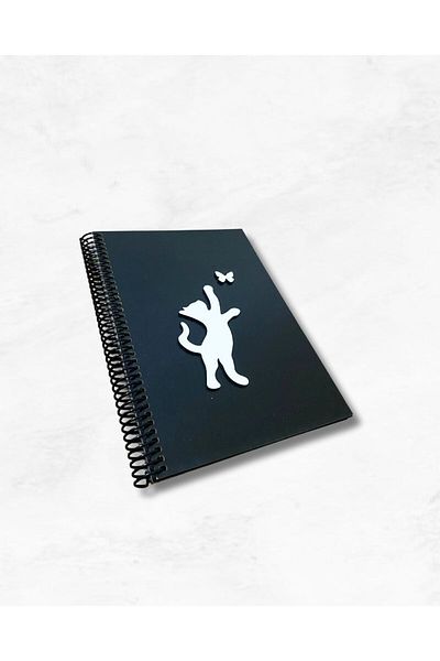 Tasarım Siyah Defter Notebook with Black Leaf Cat Figure with Wooden Cover – Memory, Diary, Album & Poetry Notebook