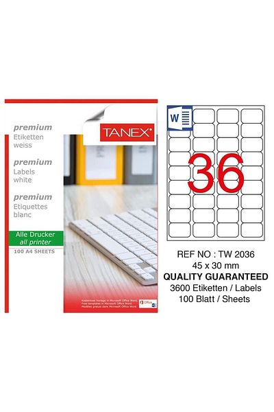 Tanex Tw-2036 Ετικέτα εκτυπωτή 45 X 30 mm 3.600 τεμάχια - Λευκό