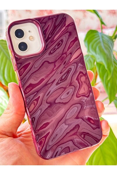 Fibaks Case for Apple iPhone 12 - 12 Pro Glossy Embossed Wave Design Patterned Plum Shock Absorbing Cover