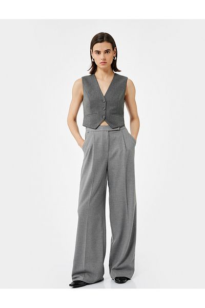 Koton High Waist Wide Leg Baggy Fabric Trousers with Pockets and Pleat Detail