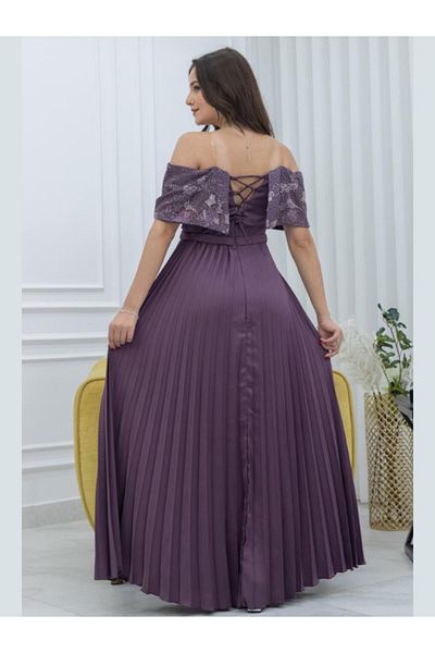 Nice Model Purple Embroidered Sequin Maxi Dress Pleated Evening Gown Formal Luxurious Party Outfit