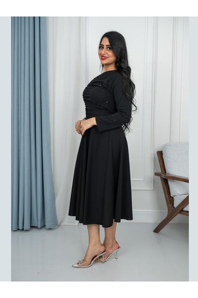 Nice Model Black Embellished Midi Dress Long Sleeve Pleated Chest Stone Detail Flared Evening Wear