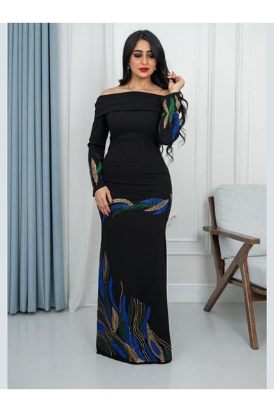 Nice Model Black Crepe Evening Dress Long Sleeve Snake Stone Embroidered Luxury Party Formal Women Gown
