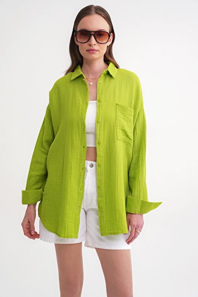 Mixray 3833 Women's Oversize Pocket Muslin Shirt Pistachio Green