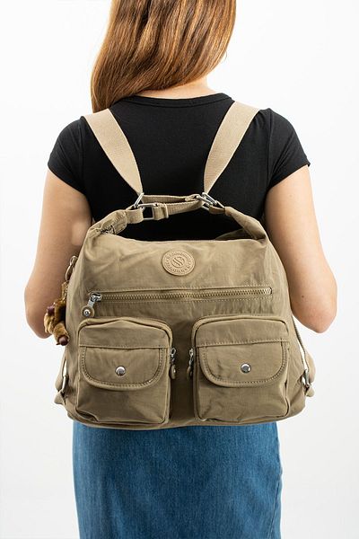 Sanmorris Umăr și rucsac de damă din țesătură Crinkle, rezistent la apă, de culoare bej