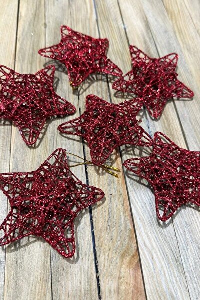 BeySüS Yılbaşı Çam Ağacı Süsü Tel Yıldız Kırmızı 6 Lı 8 Cm