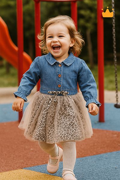 Babydola 0-3 Years Denim Fabric Leopard Detailed Baby Girl Children's Holiday Dress Brown 15583