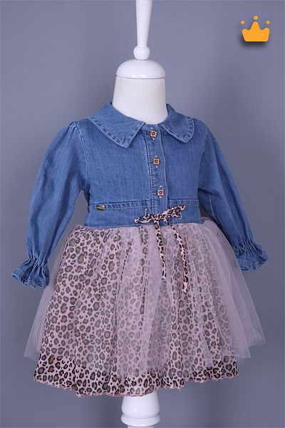 Babydola 0-3 Years Denim Fabric Leopard Detailed Baby Girl Children's Holiday Dress Pink 15583