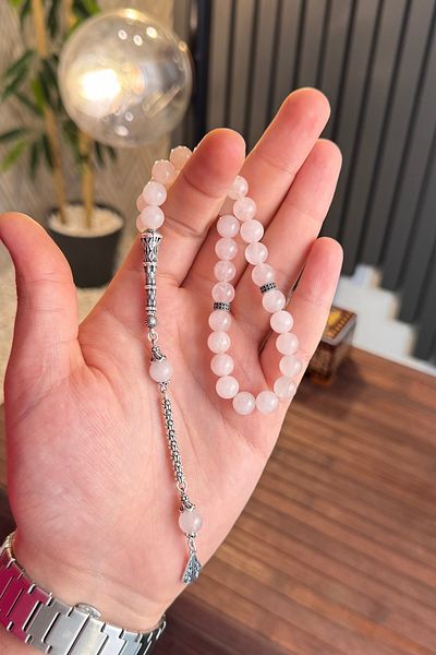 dergah tesbih Silver Design Pink Quartz Rosary
