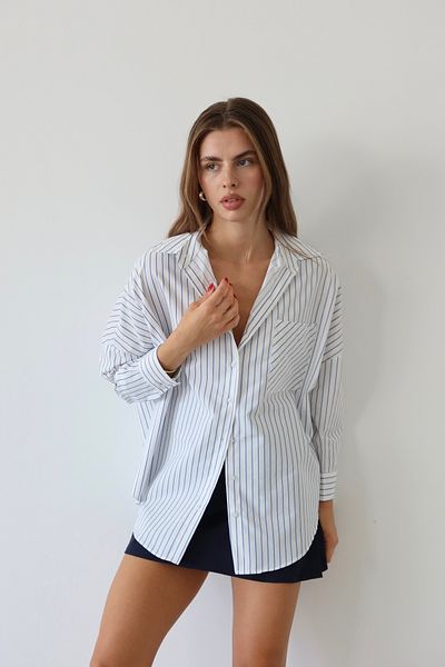 JASTE Cămașă oversize cu dungi pentru femei, albastru bleumarin, cu buzunar cu nasturi