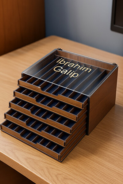 ALSHOP Şeffaf Pleksi Kapaklı Mdf Tesbih Kutusu Ahşap 5 Katlı 50 Bölme Tesbihlik